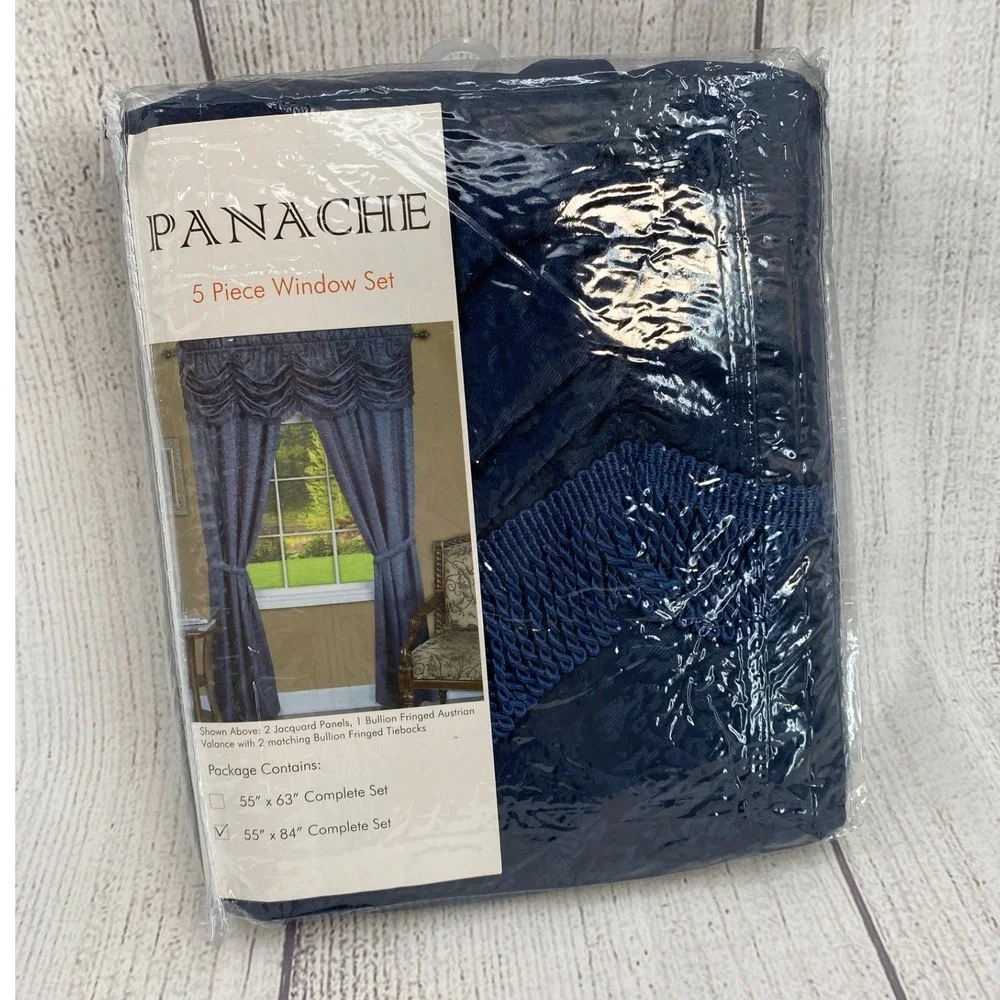 Panache 5 Piece Window Set Navy Blue 55x84 New Jacquard Austrian Valance Fringe